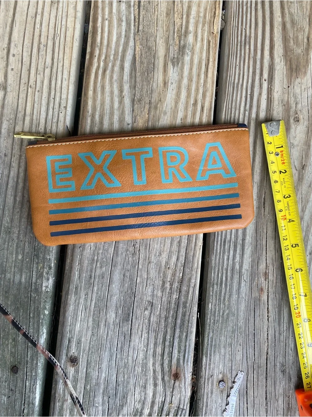 FOSSIL- Leather Zip Pouch - Tan with Turquoise and Navy Accents